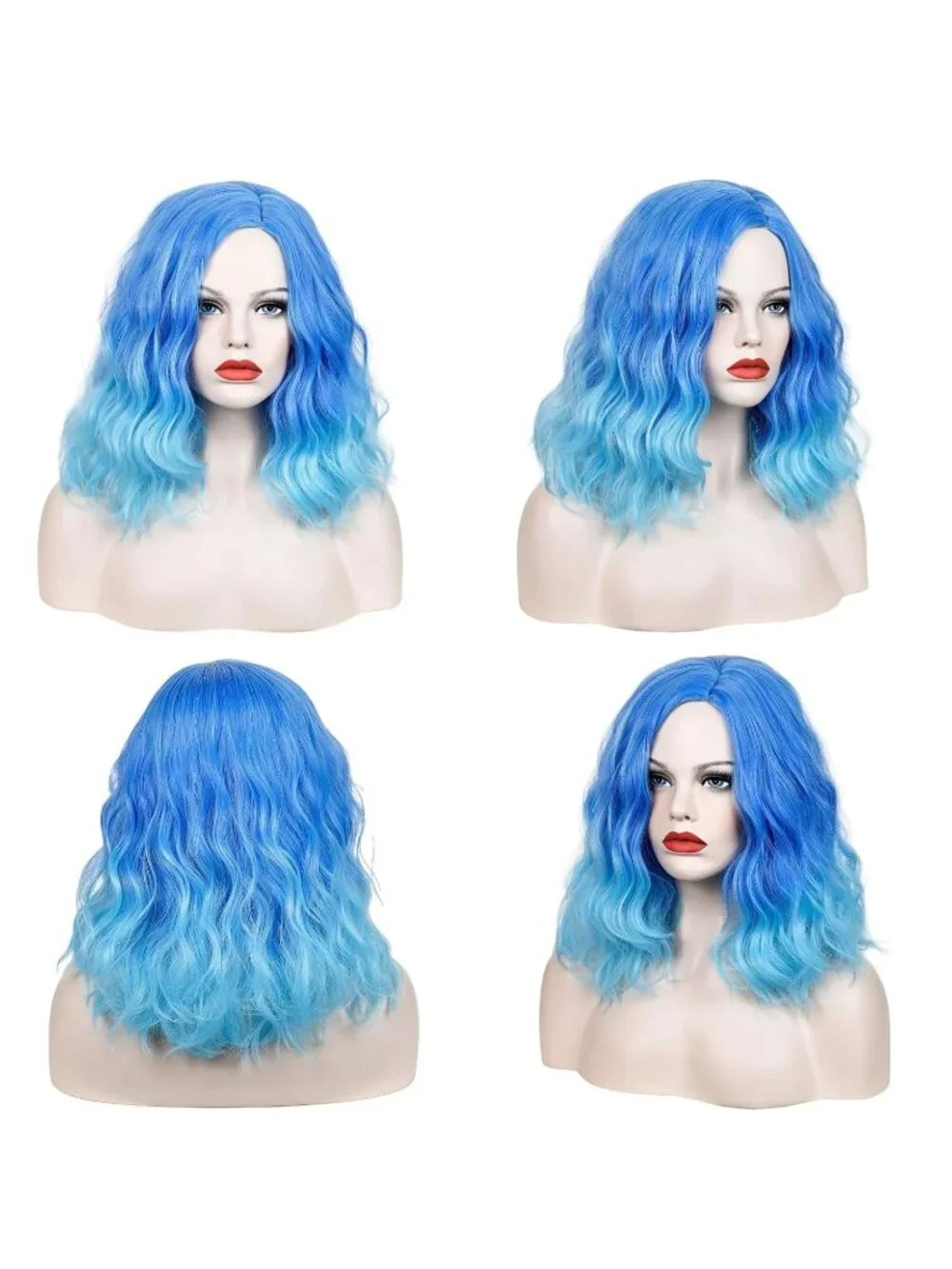 Women's Blue Ombre Wavy Curly Bob Wig Heat Resistant Cosplay Halloween Party